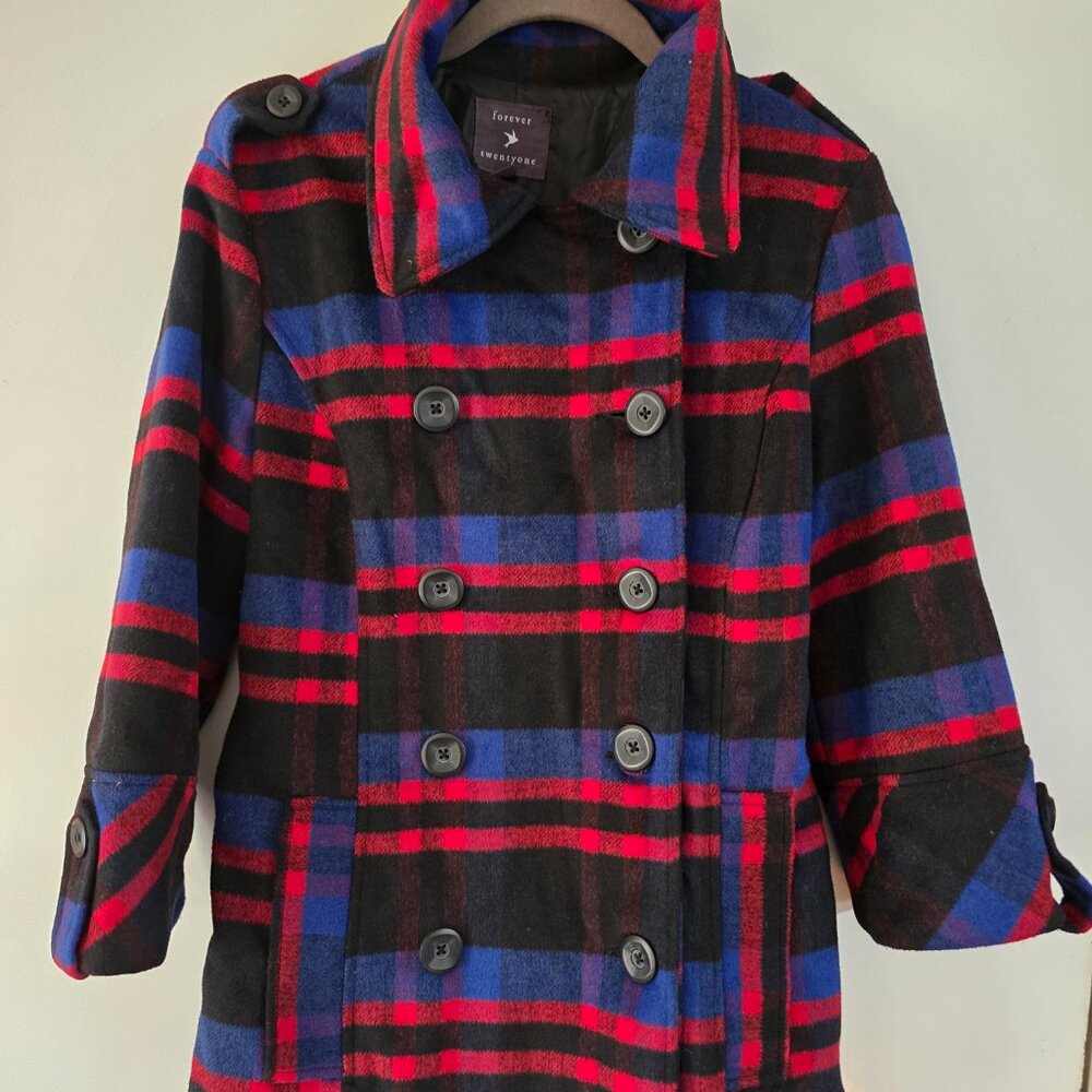 Forever 21 Red and Blue Plaid Pea Coat  sz large.